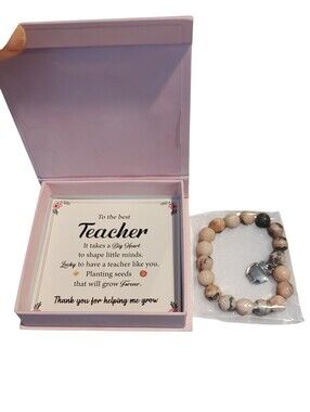 New Teacher Bracelet Pink and Black Beads with Apple Charm